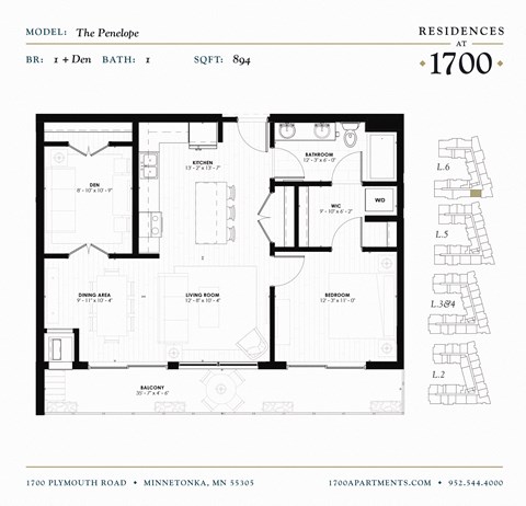 Floor plan for 1 bed, 1 bath, 894 sqft